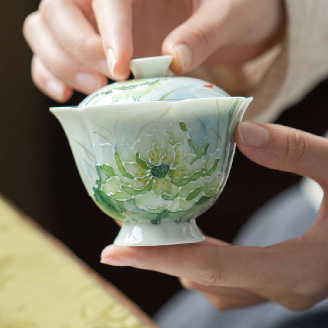 Hand-Painted Lotus Underglaze Gaiwan