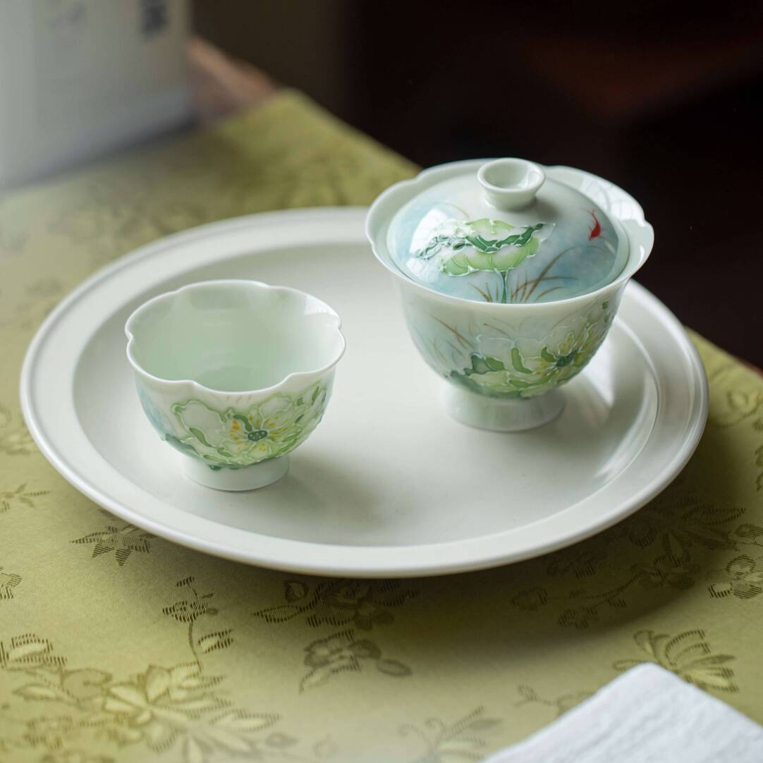 Hand-Painted Lotus Underglaze Gaiwan