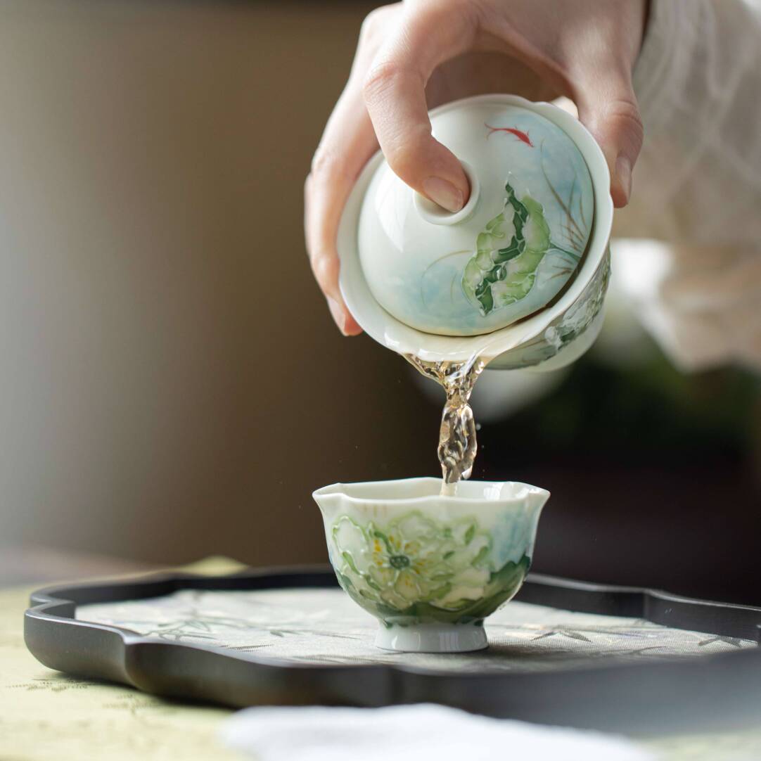 Hand-Painted Lotus Underglaze Gaiwan