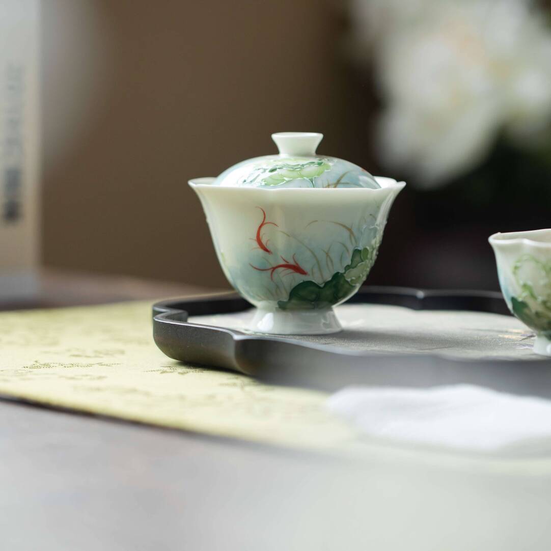 Hand-Painted Lotus Underglaze Gaiwan